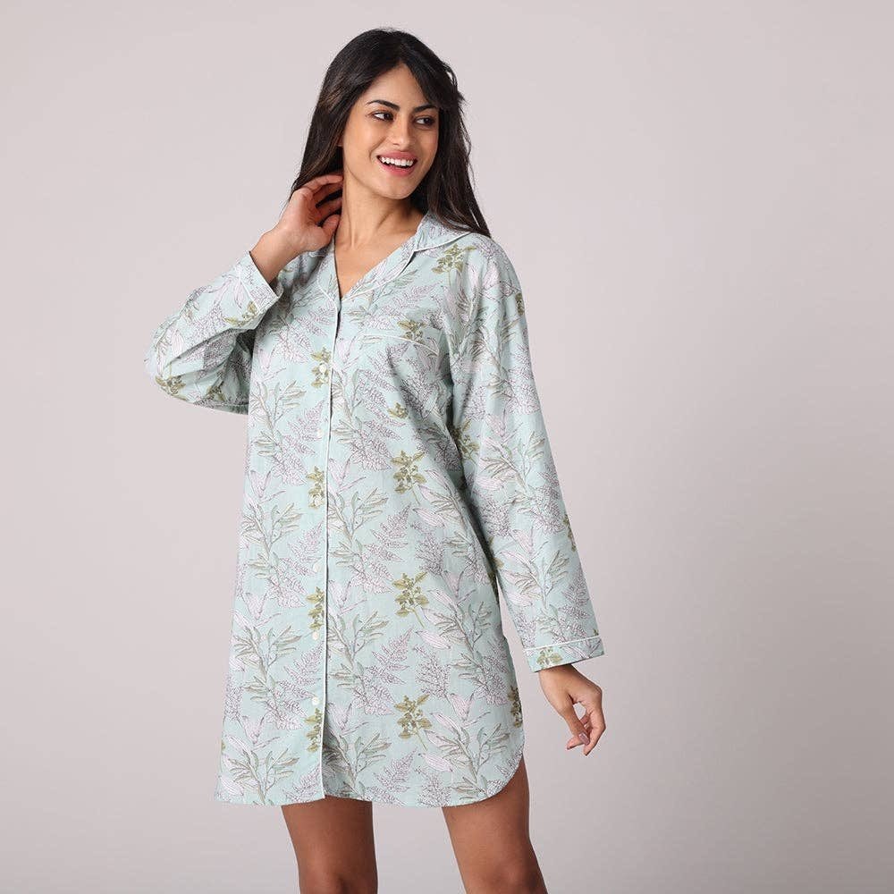 Mahogany Women 100% Cotton Nightgown Pajama Mint Green Floral‎ Button Front